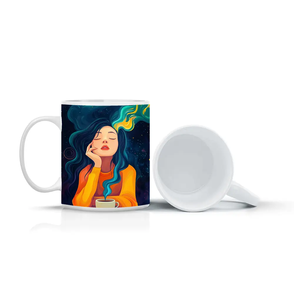 Dreaming Woman Coffee Cosmic Swirling Hair – Mugs