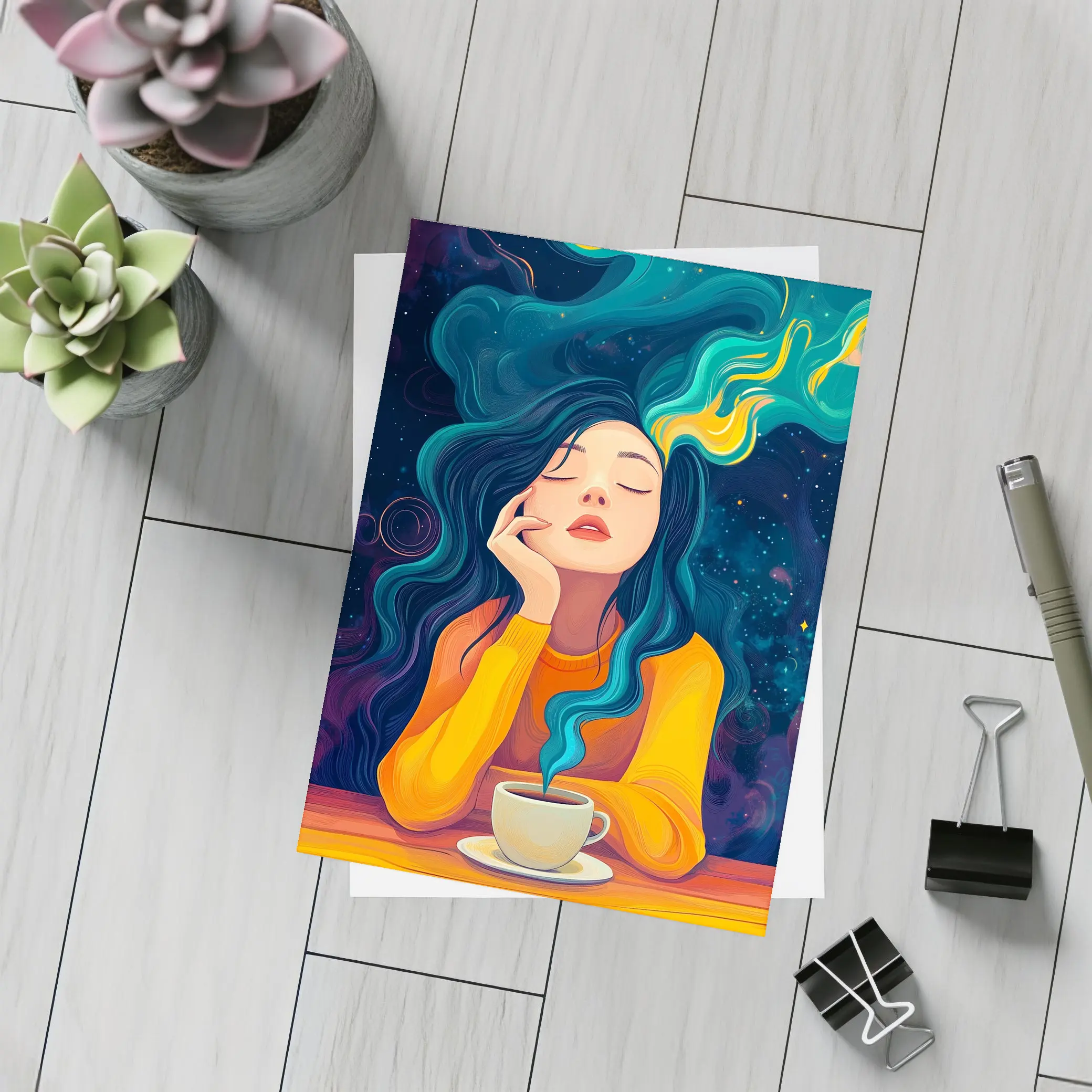 Dreaming Woman Coffee Cosmic Swirling Hair – Postcards
