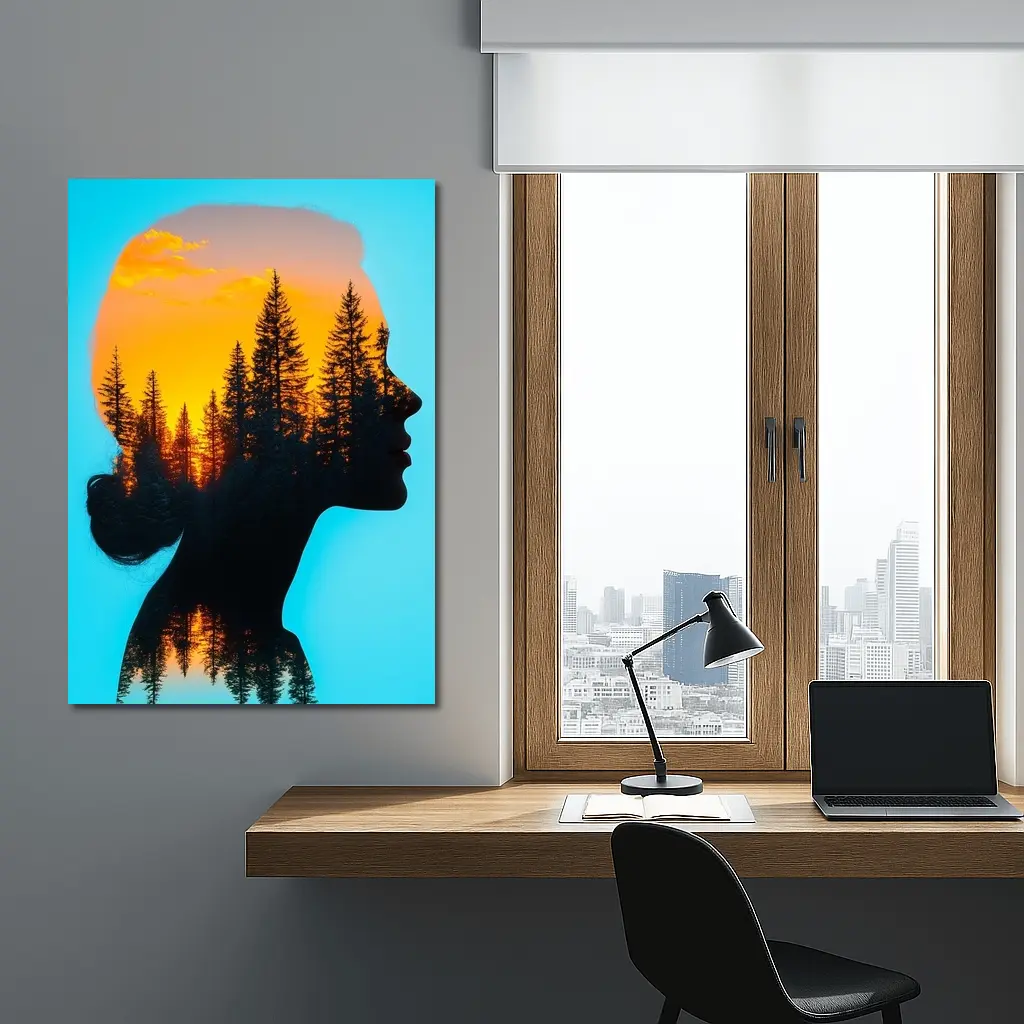 Woman Silhouette Double Exposure Forest Sunset – Wall Art