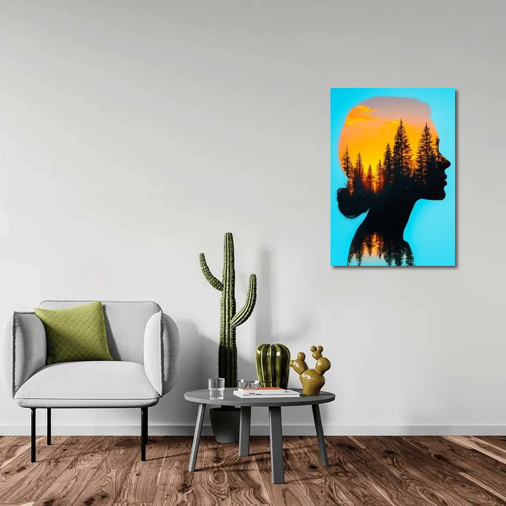 Woman Silhouette Double Exposure Forest Sunset – Wall Art