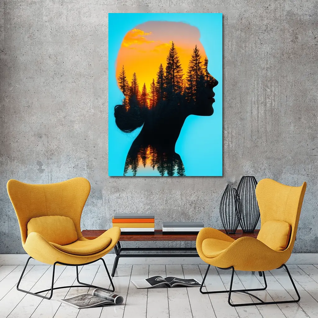 Woman Silhouette Double Exposure Forest Sunset – Wall Art