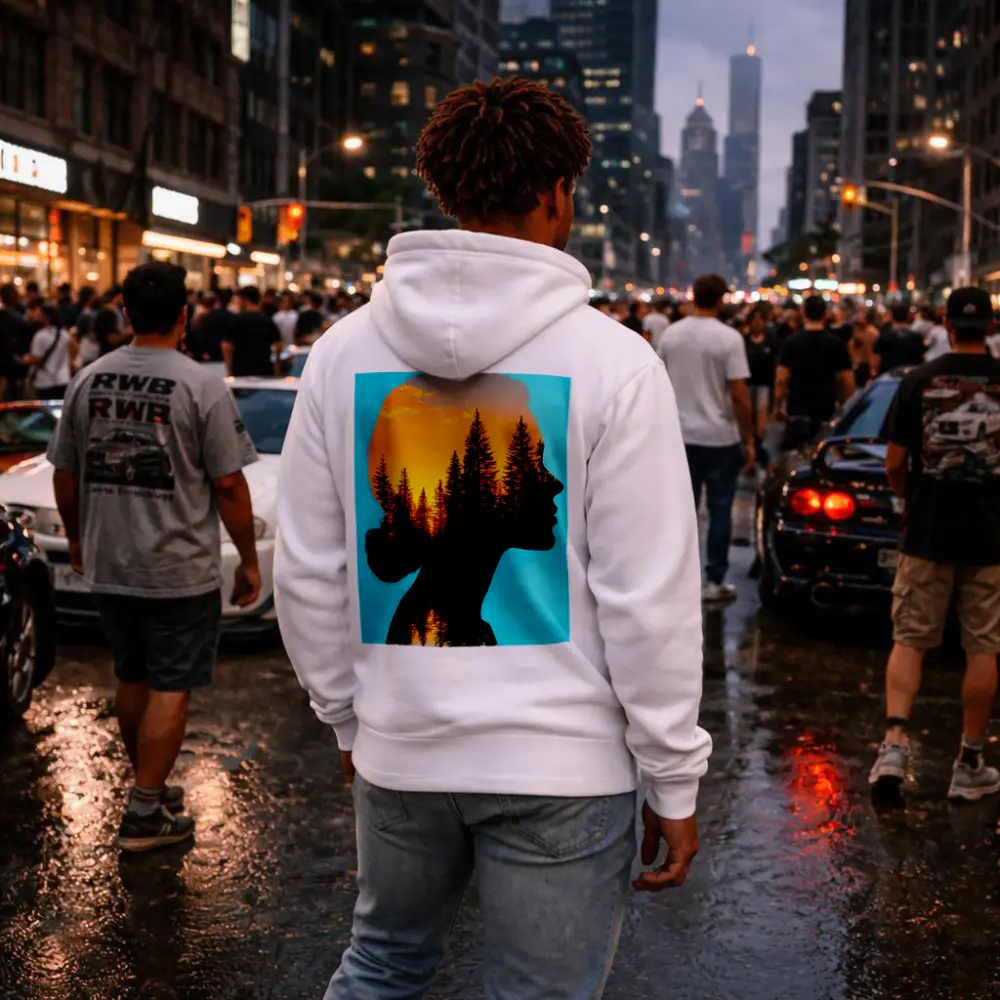 Woman Silhouette Double Exposure Forest Sunset – Hoodies