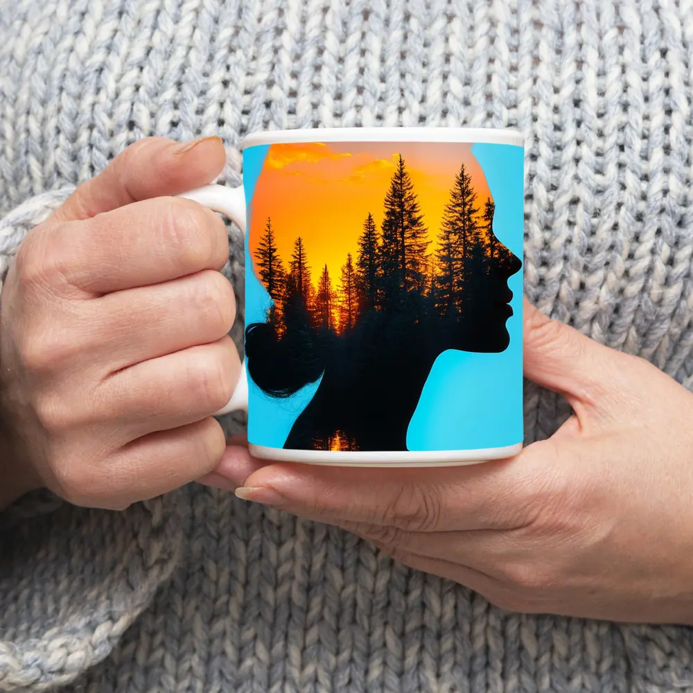 Woman Silhouette Double Exposure Forest Sunset – Mugs