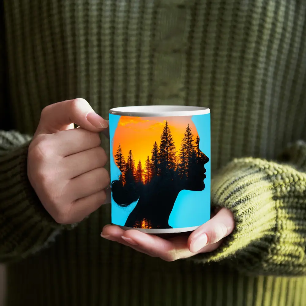 Woman Silhouette Double Exposure Forest Sunset – Mugs