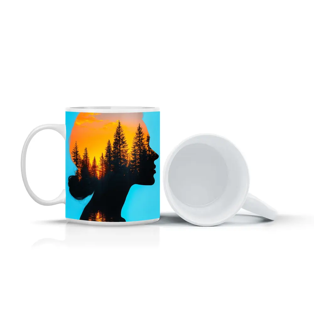 Woman Silhouette Double Exposure Forest Sunset – Mugs