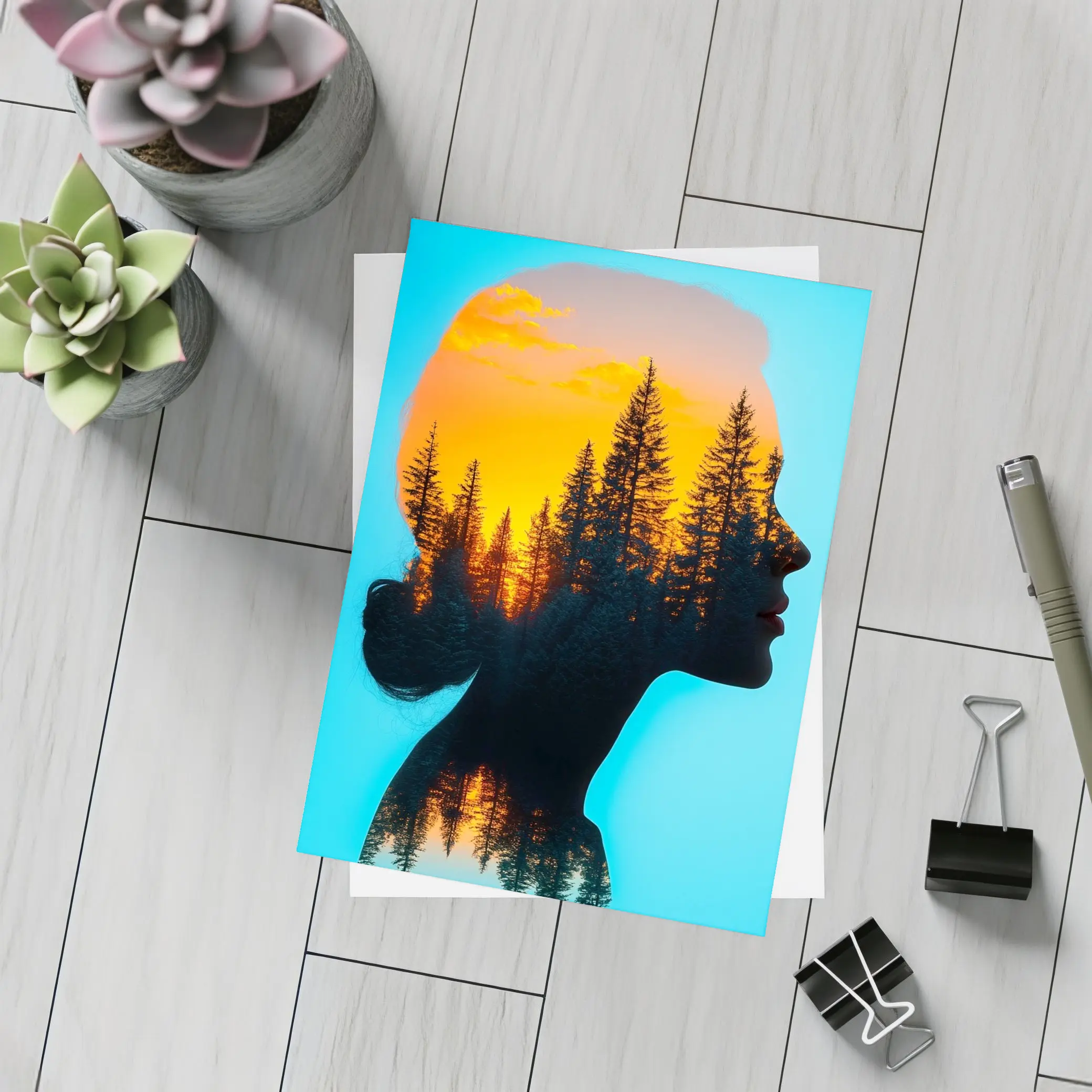 Woman Silhouette Double Exposure Forest Sunset – Postcards