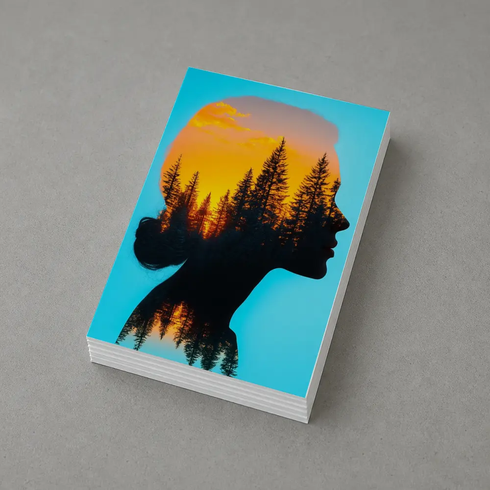 Woman Silhouette Double Exposure Forest Sunset – Postcards