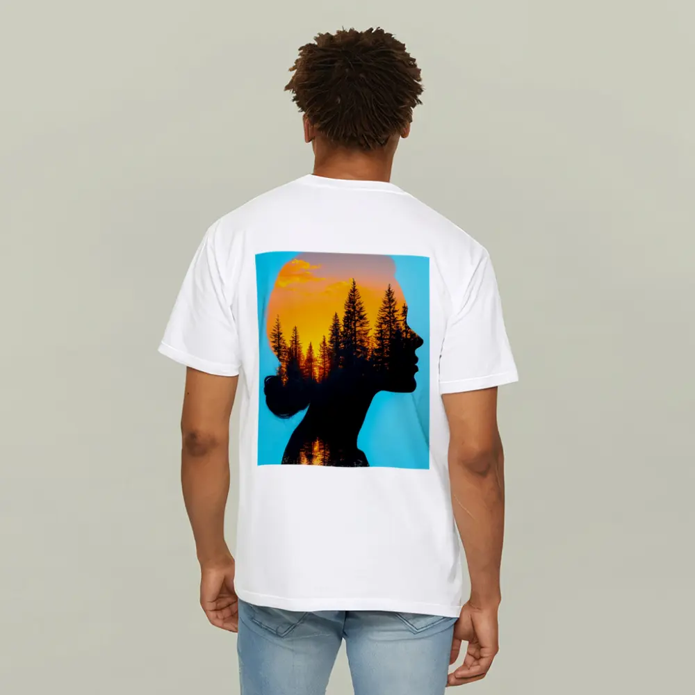 Woman Silhouette Double Exposure Forest Sunset – T-Shirts