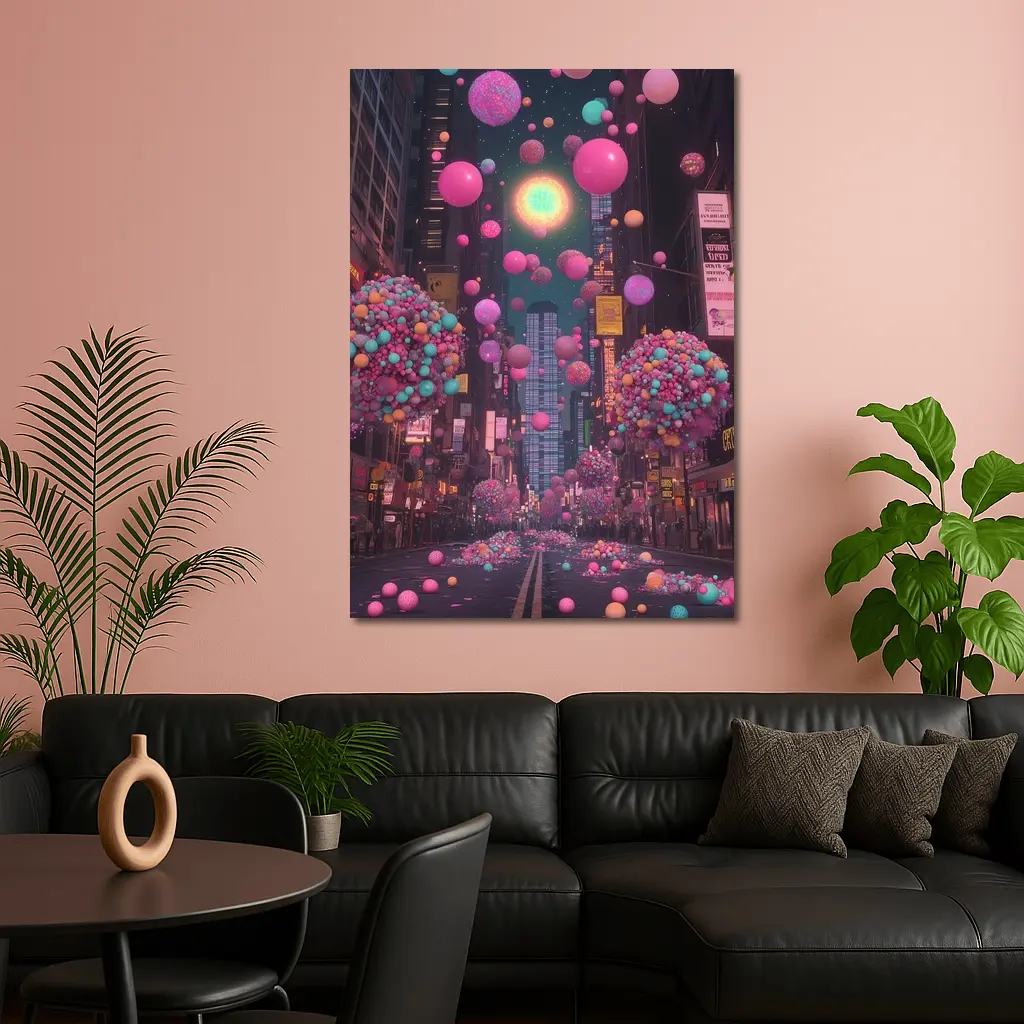 Colorful Balloons Floating Over City Street – Wall Art