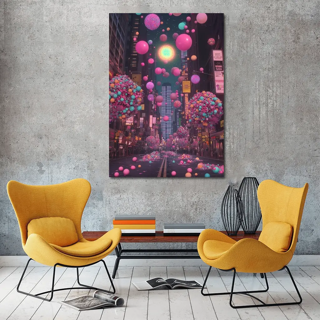Colorful Balloons Floating Over City Street – Wall Art