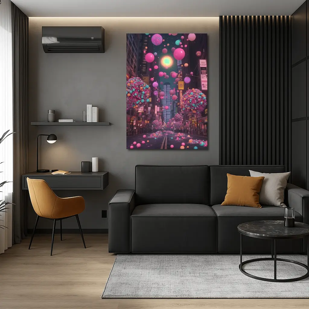 Colorful Balloons Floating Over City Street – Wall Art