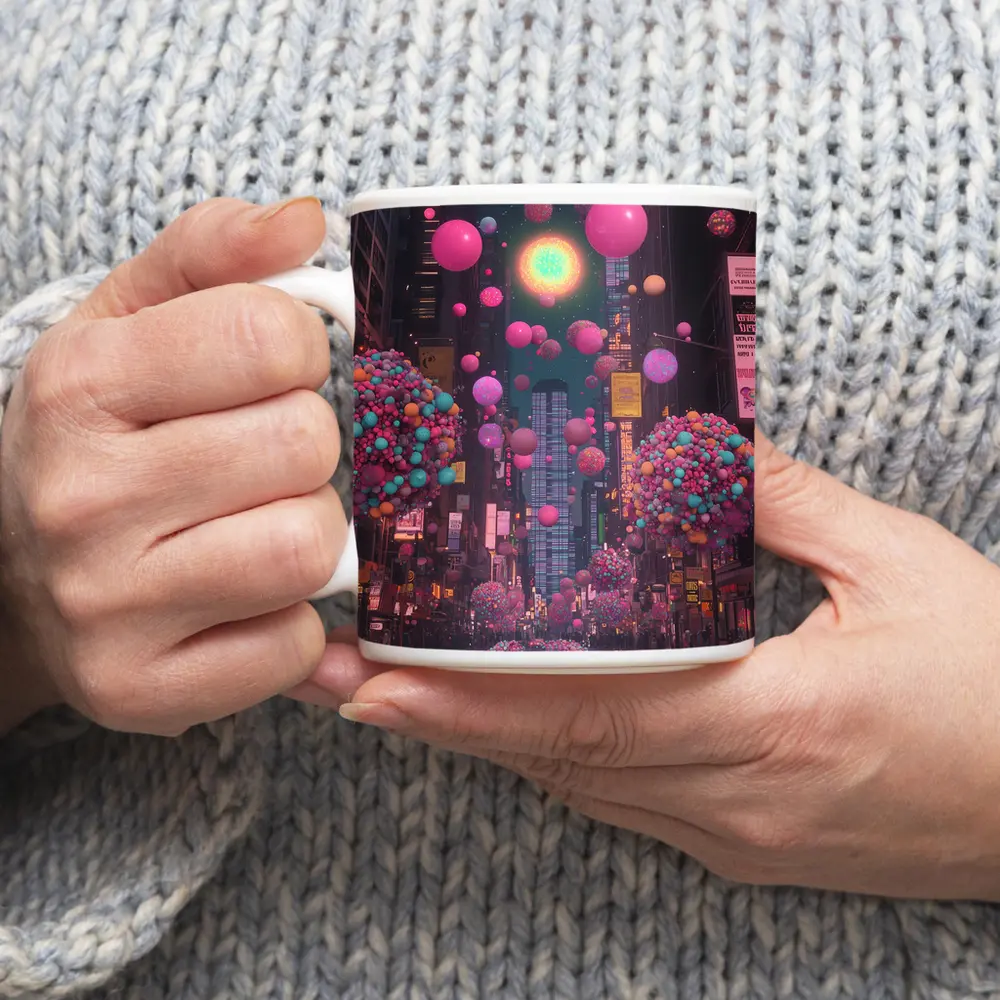Colorful Balloons Floating Over City Street – Mugs