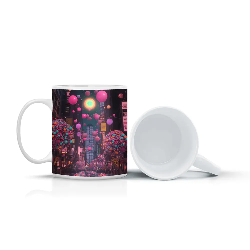 Colorful Balloons Floating Over City Street – Mugs