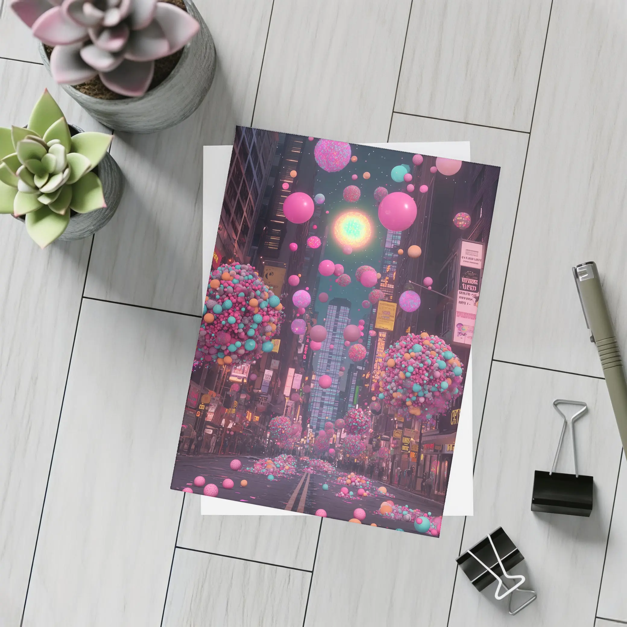 Colorful Balloons Floating Over City Street – Postcards