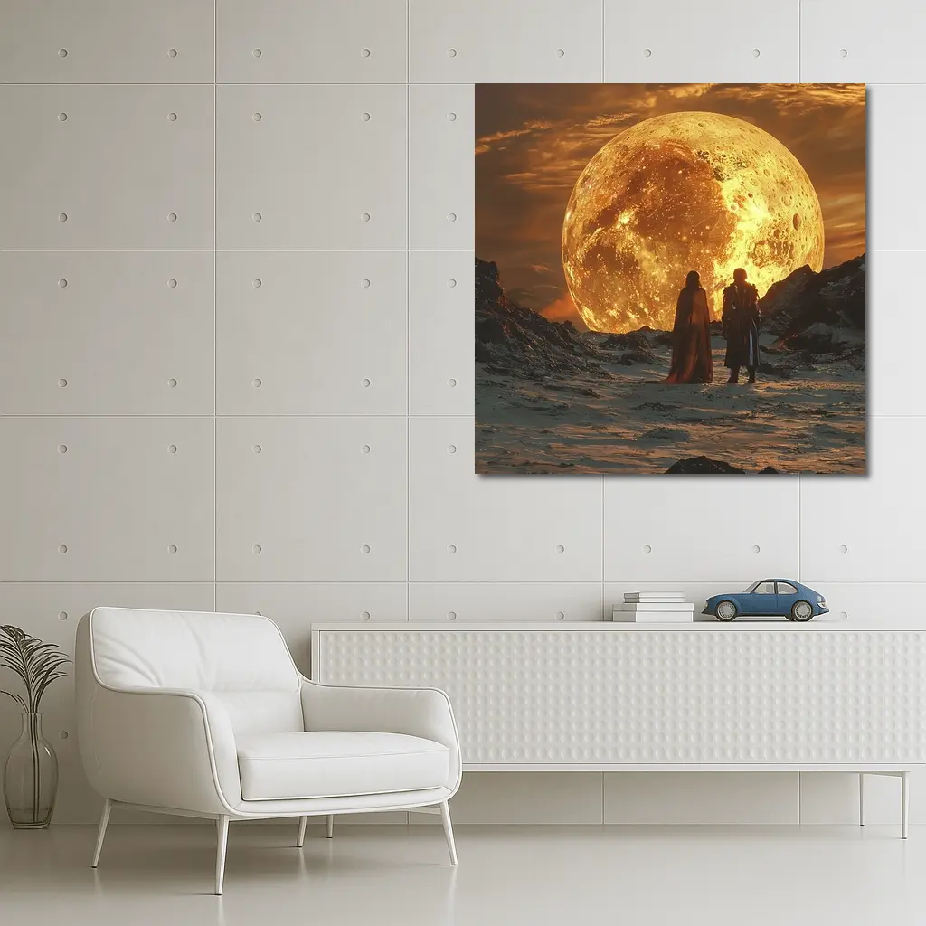 Two Figures Before Giant Golden Moon – Wall Art