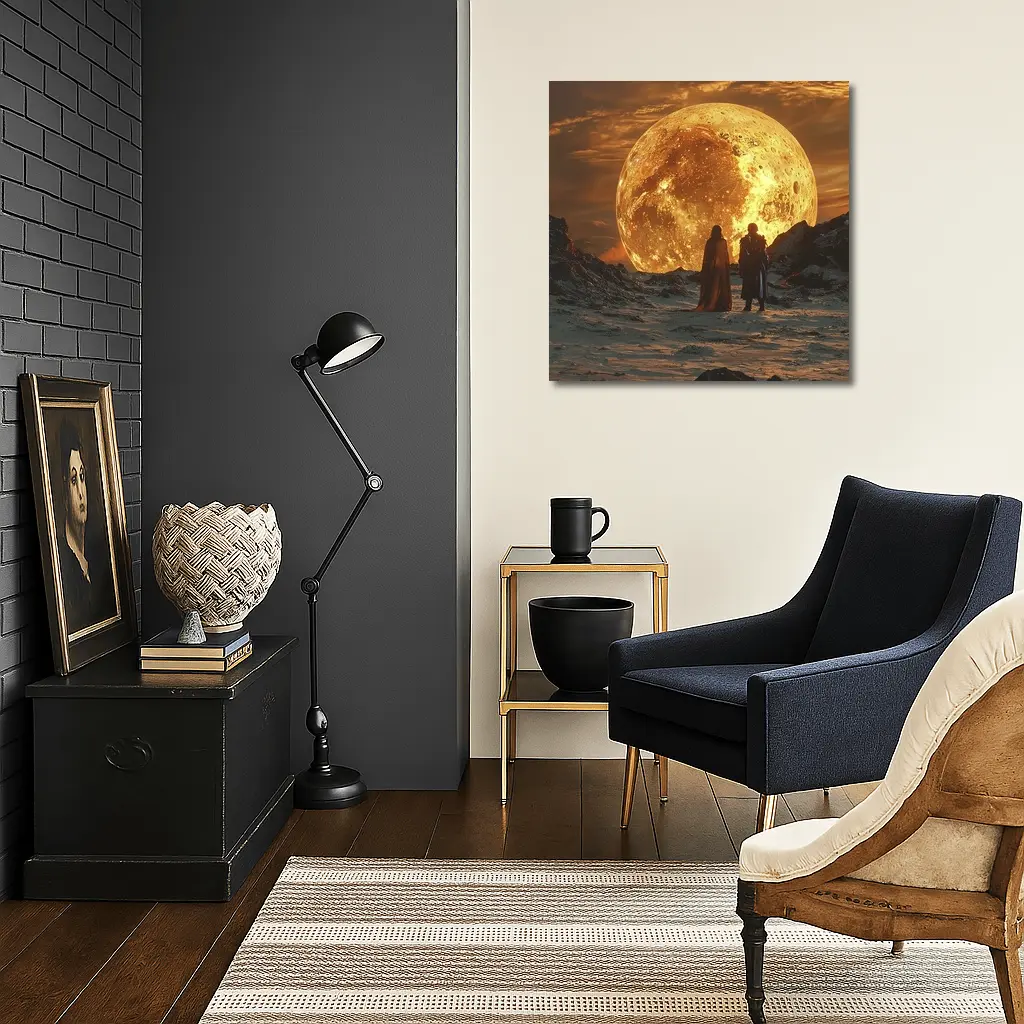 Two Figures Before Giant Golden Moon – Wall Art