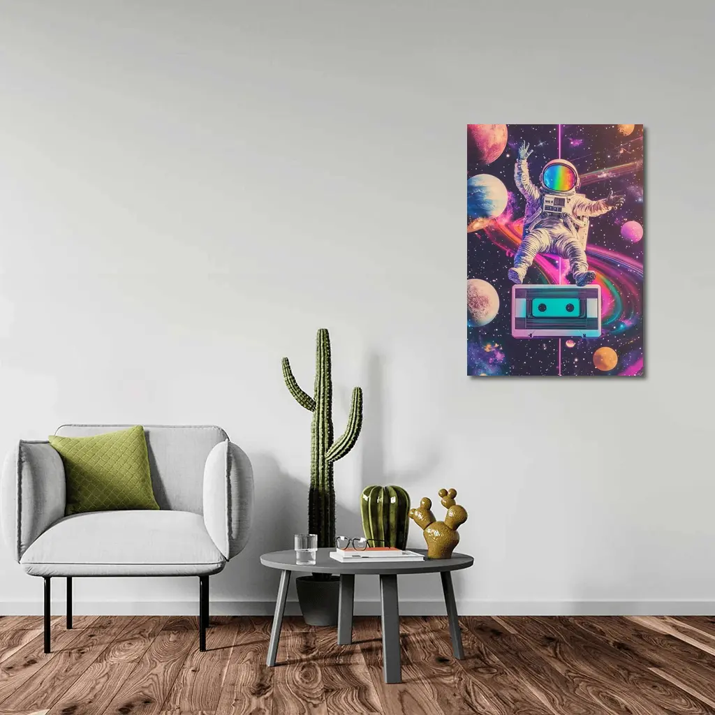 Astronaut Floating in Colorful Retro Space – Wall Art