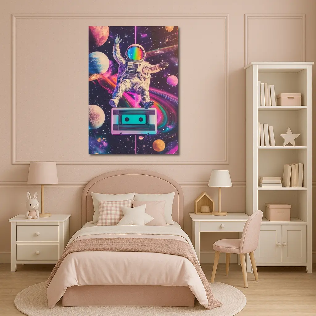 Astronaut Floating in Colorful Retro Space – Wall Art