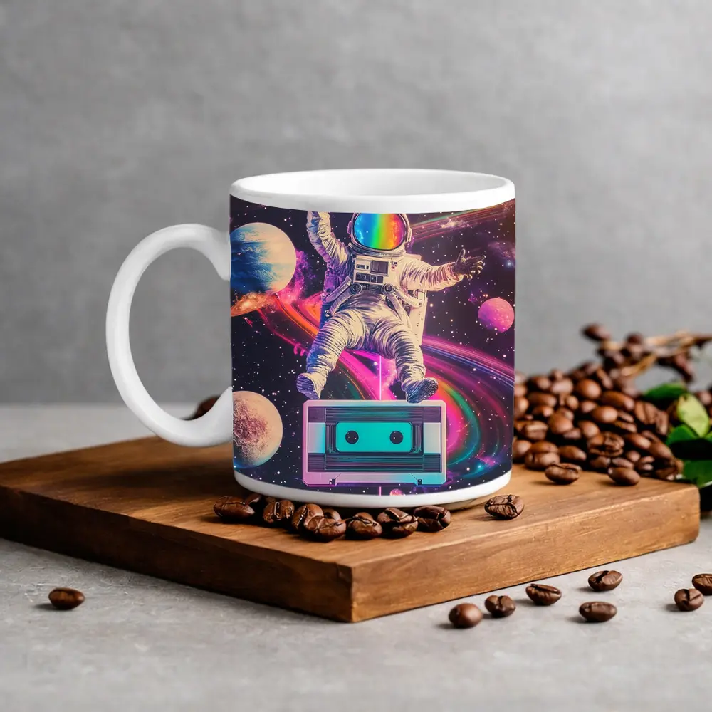 Astronaut Floating in Colorful Retro Space – Mugs