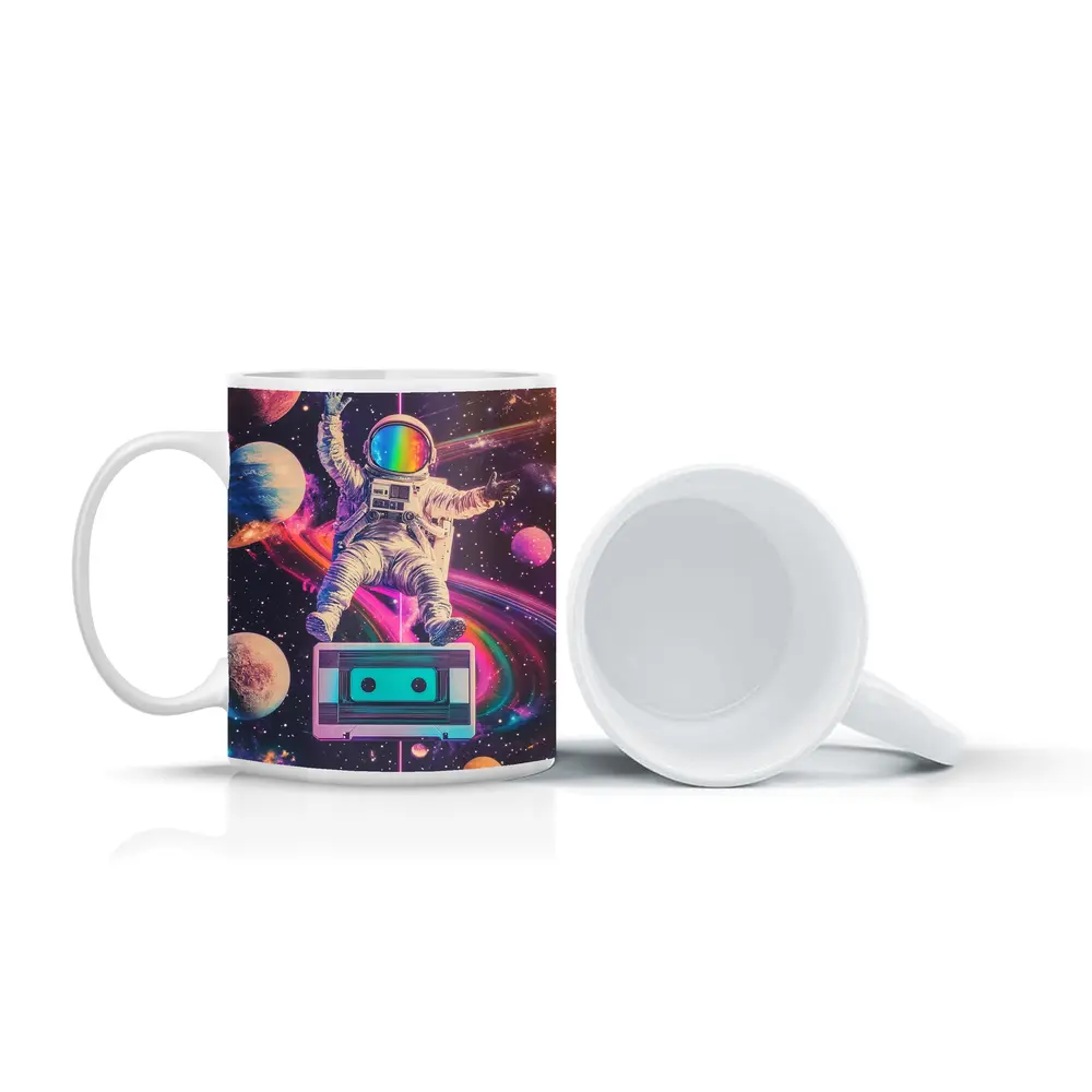Astronaut Floating in Colorful Retro Space – Mugs