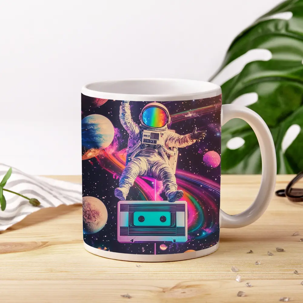 Astronaut Floating in Colorful Retro Space – Mugs