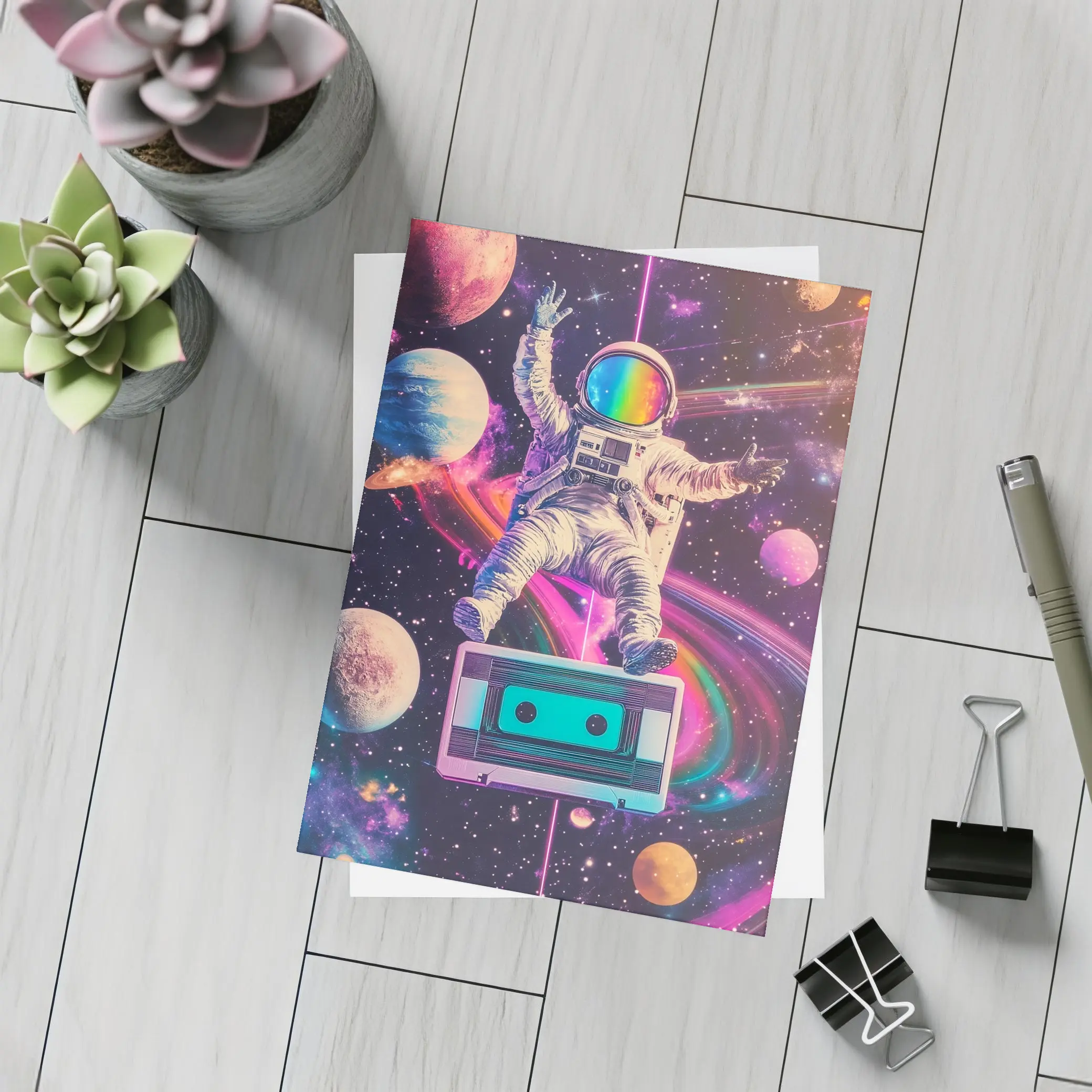 Astronaut Floating in Colorful Retro Space – Postcards