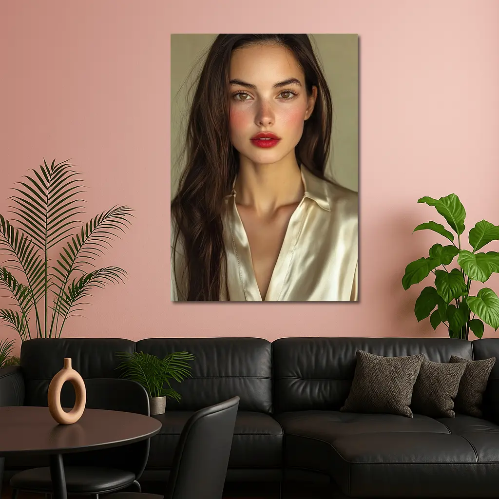 Young Woman Red Lips Silk Shirt Portrait – Wall Art