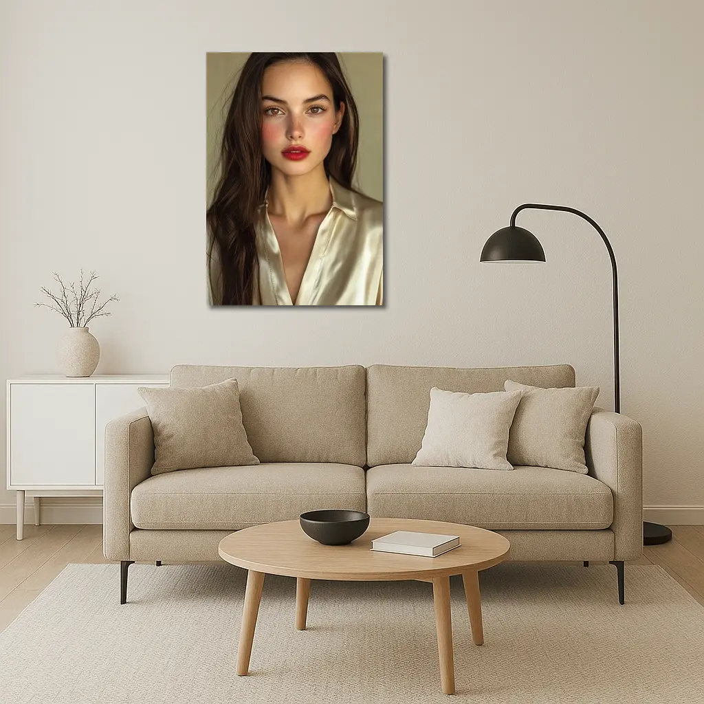 Young Woman Red Lips Silk Shirt Portrait – Wall Art