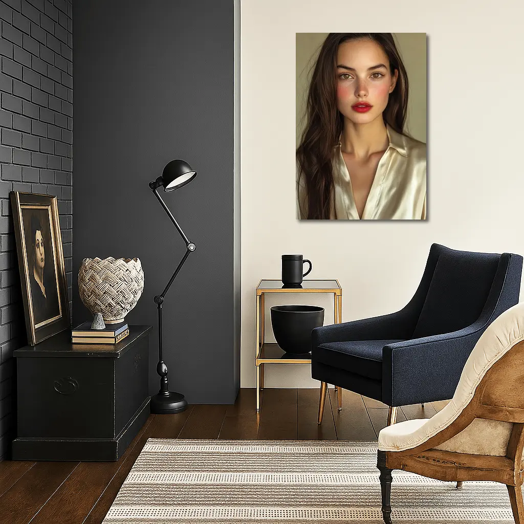 Young Woman Red Lips Silk Shirt Portrait – Wall Art