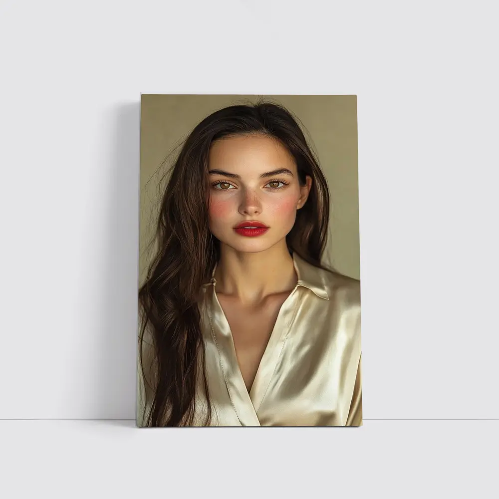 Young Woman Red Lips Silk Shirt Portrait – Wall Art