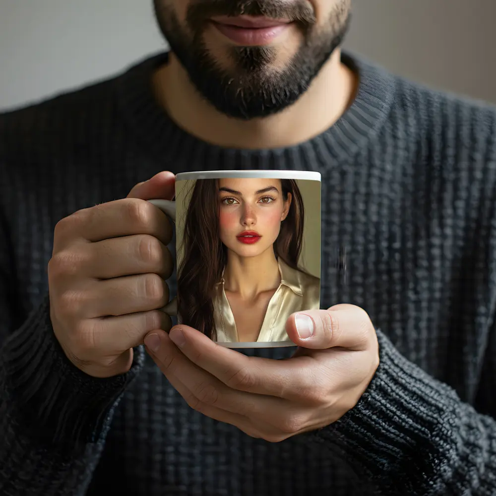 Young Woman Red Lips Silk Shirt Portrait – Mugs