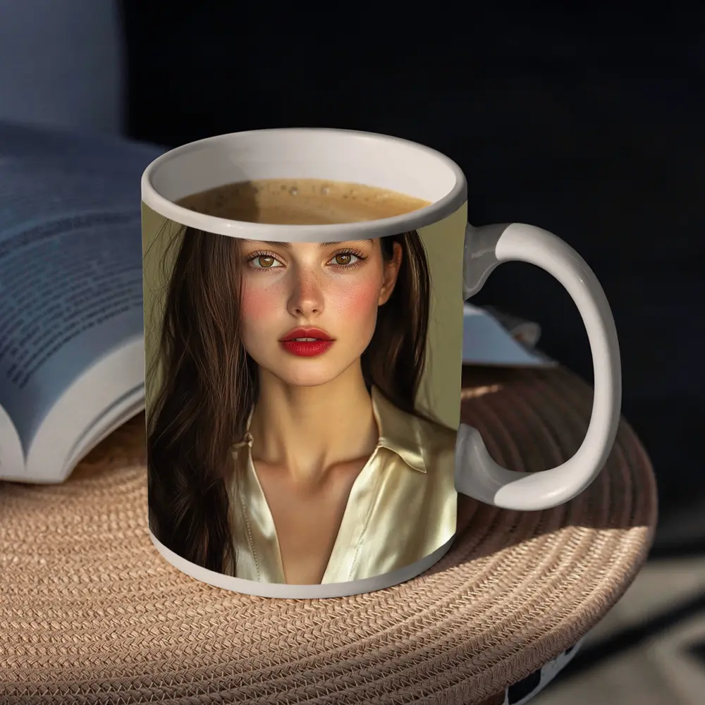 Young Woman Red Lips Silk Shirt Portrait – Mugs