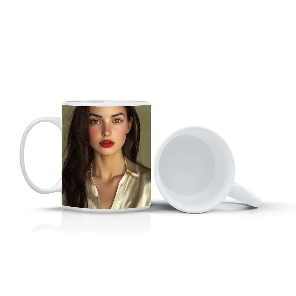 Young Woman Red Lips Silk Shirt Portrait – Mugs