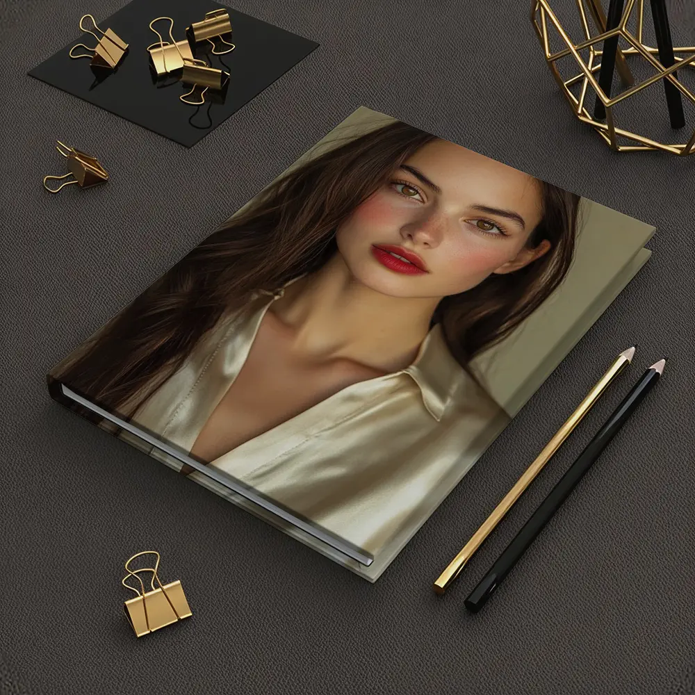 Young Woman Red Lips Silk Shirt Portrait – Notebooks