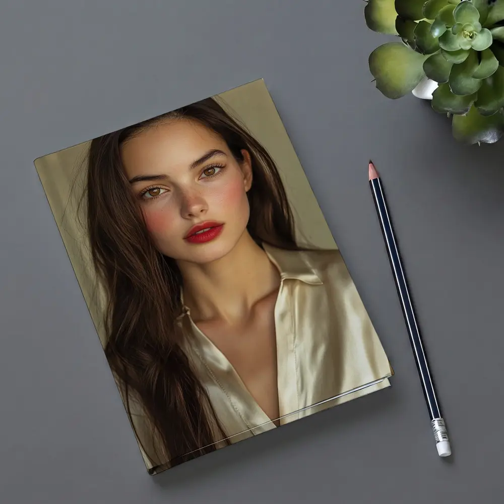 Young Woman Red Lips Silk Shirt Portrait – Notebooks