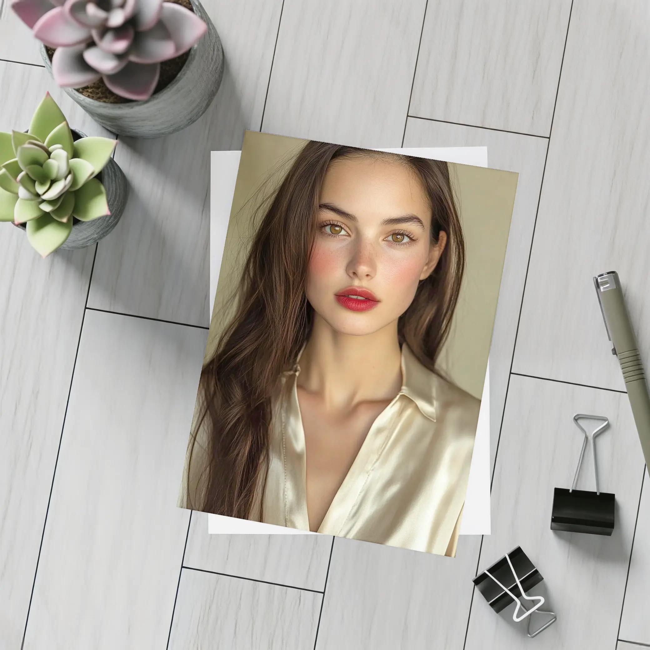 Young Woman Red Lips Silk Shirt Portrait – Postcards