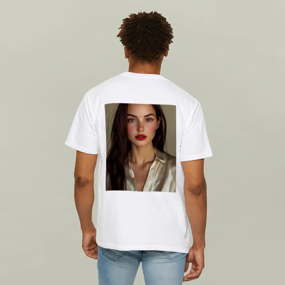 Young Woman Red Lips Silk Shirt Portrait – T-Shirts