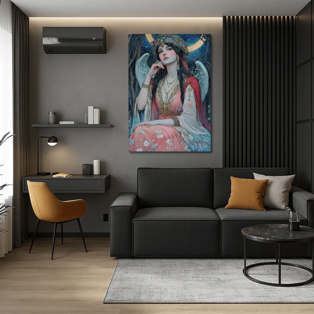 Angel Woman Jeweled Crown Starry Night Forest – Wall Art