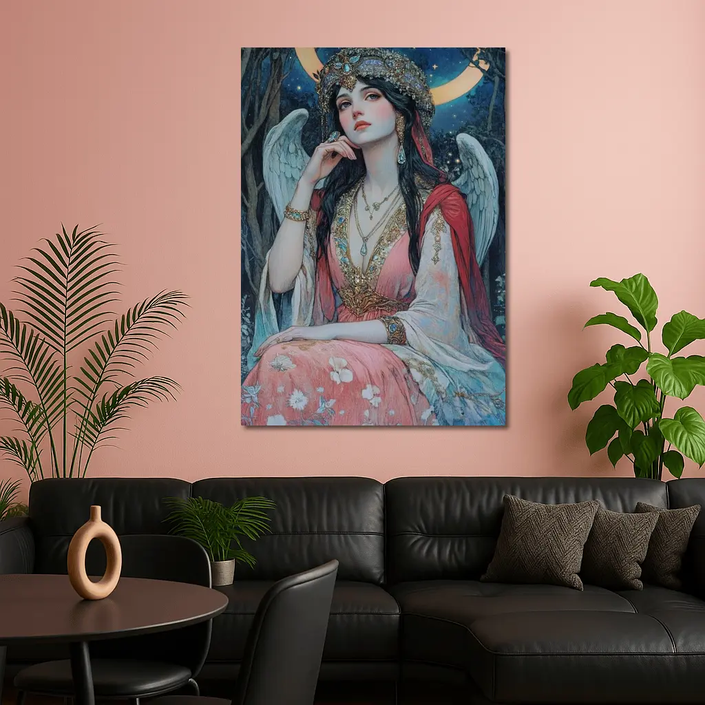 Angel Woman Jeweled Crown Starry Night Forest – Wall Art