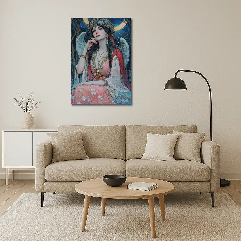 Angel Woman Jeweled Crown Starry Night Forest – Wall Art