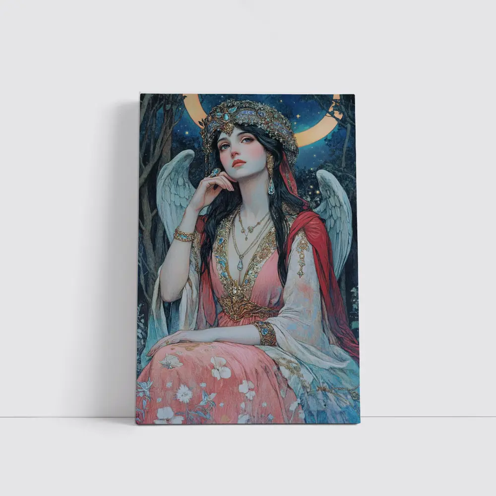 Angel Woman Jeweled Crown Starry Night Forest – Wall Art