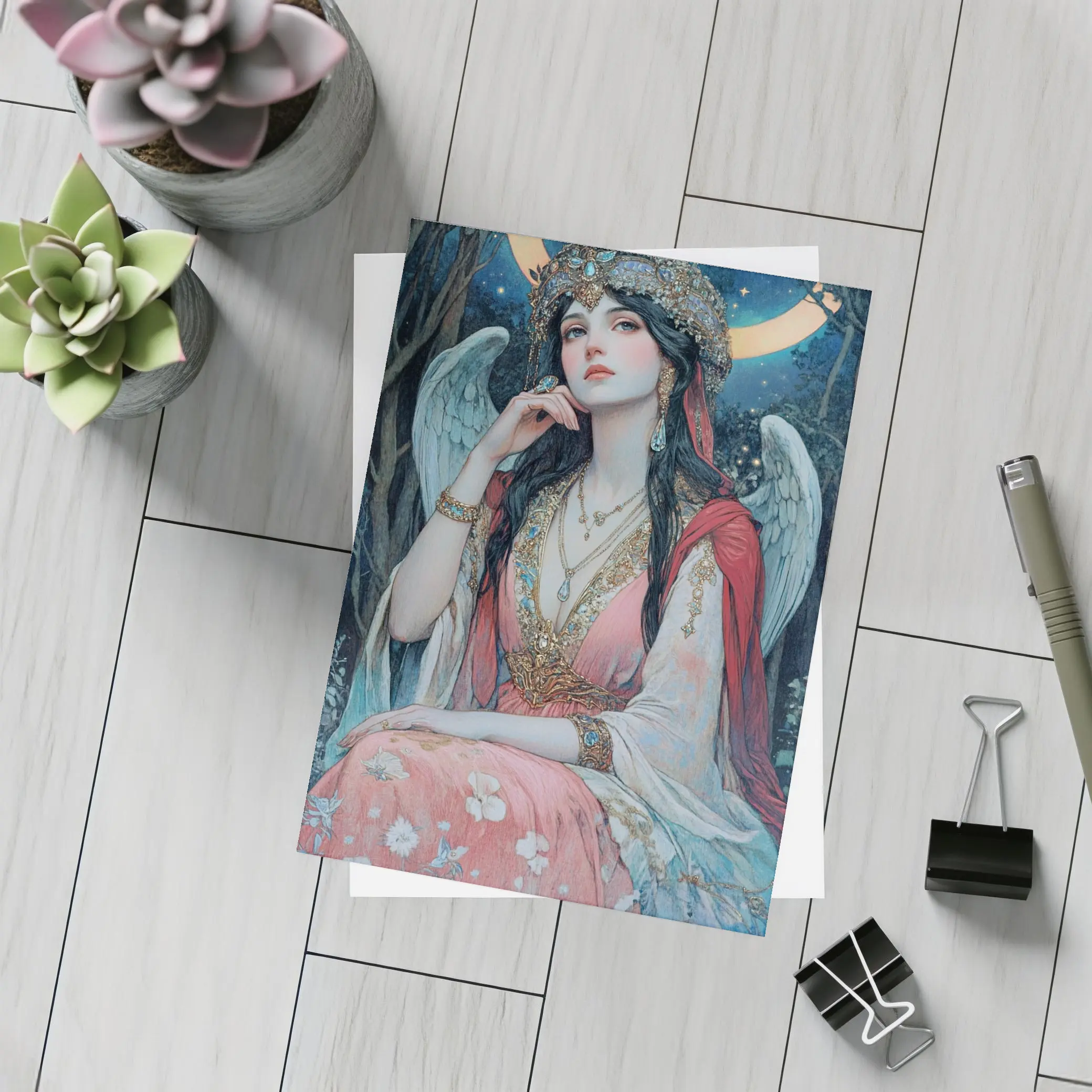 Angel Woman Jeweled Crown Starry Night Forest – Postcards