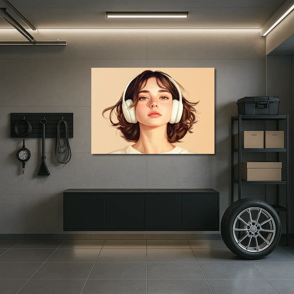 Young Woman Headphones Illustration Beige Background – Wall Art