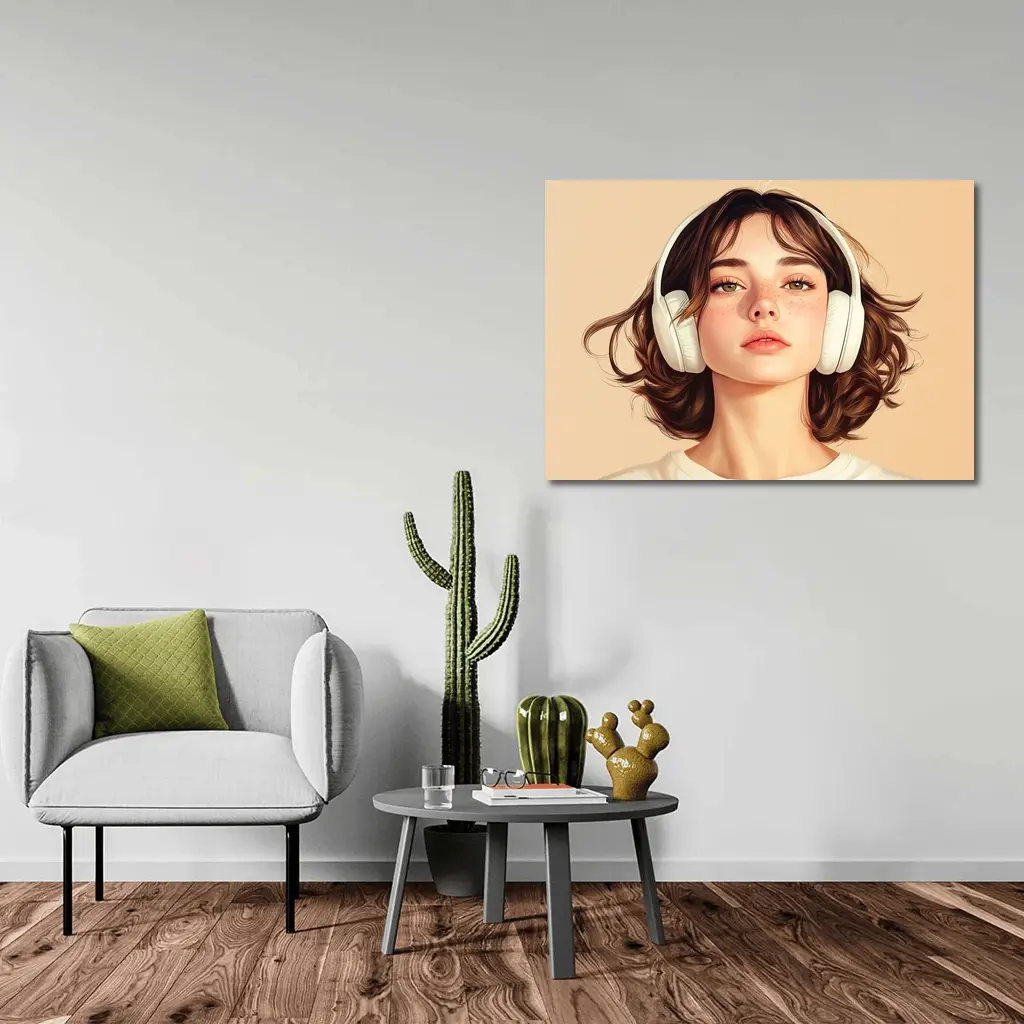 Young Woman Headphones Illustration Beige Background – Wall Art