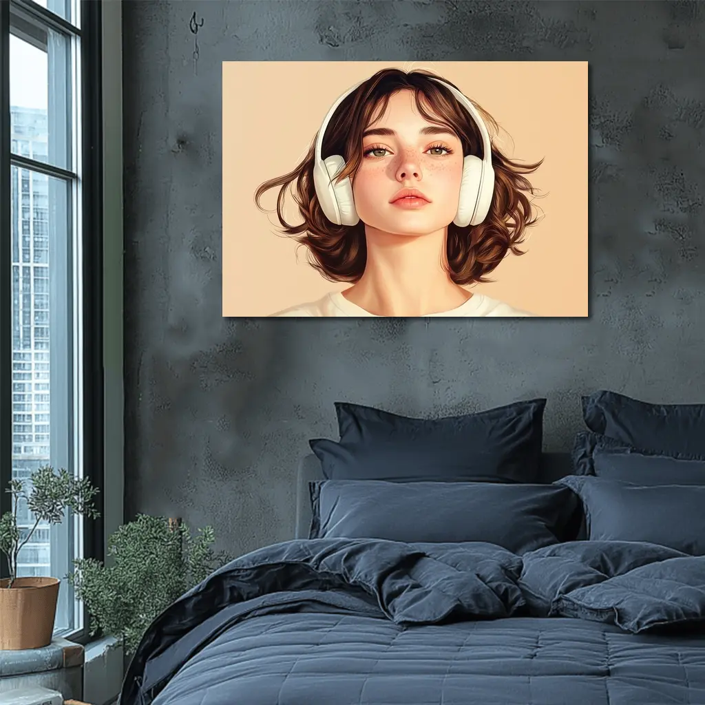Young Woman Headphones Illustration Beige Background – Wall Art