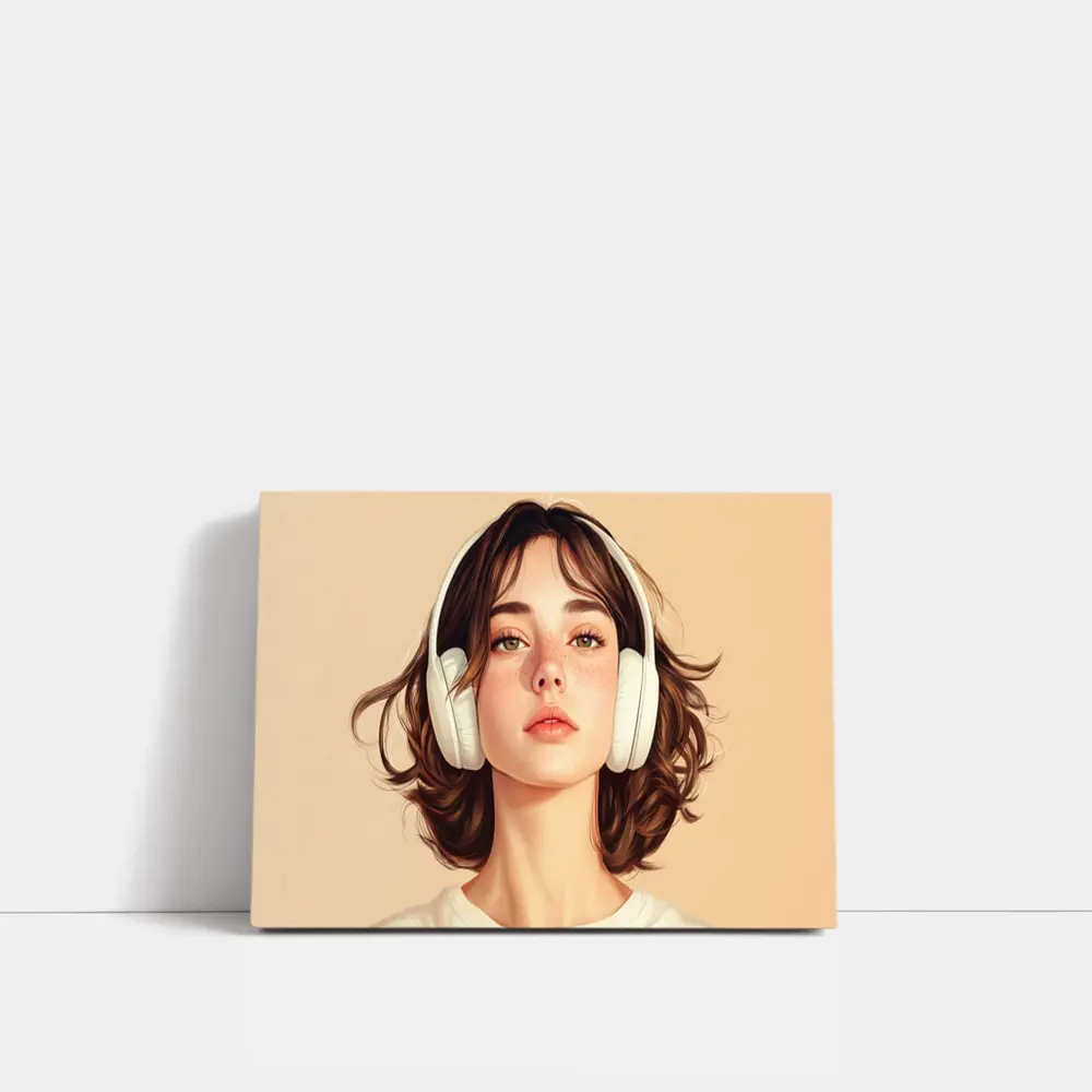 Young Woman Headphones Illustration Beige Background – Wall Art