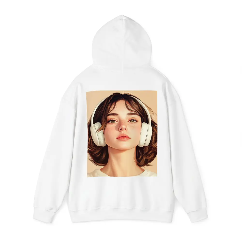 Young Woman Headphones Illustration Beige Background – Hoodies