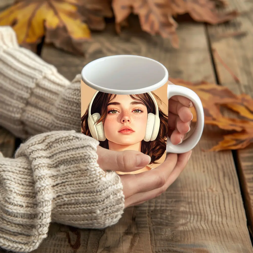 Young Woman Headphones Illustration Beige Background – Mugs