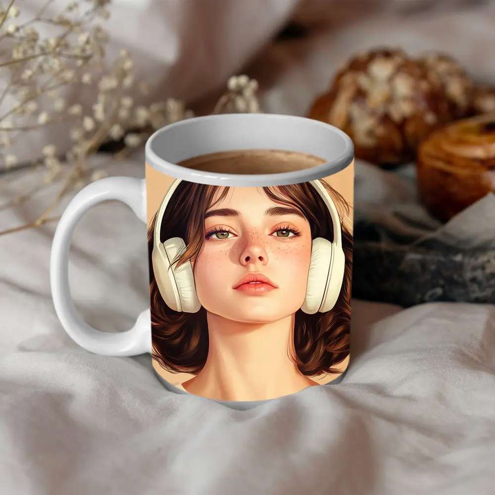 Young Woman Headphones Illustration Beige Background – Mugs