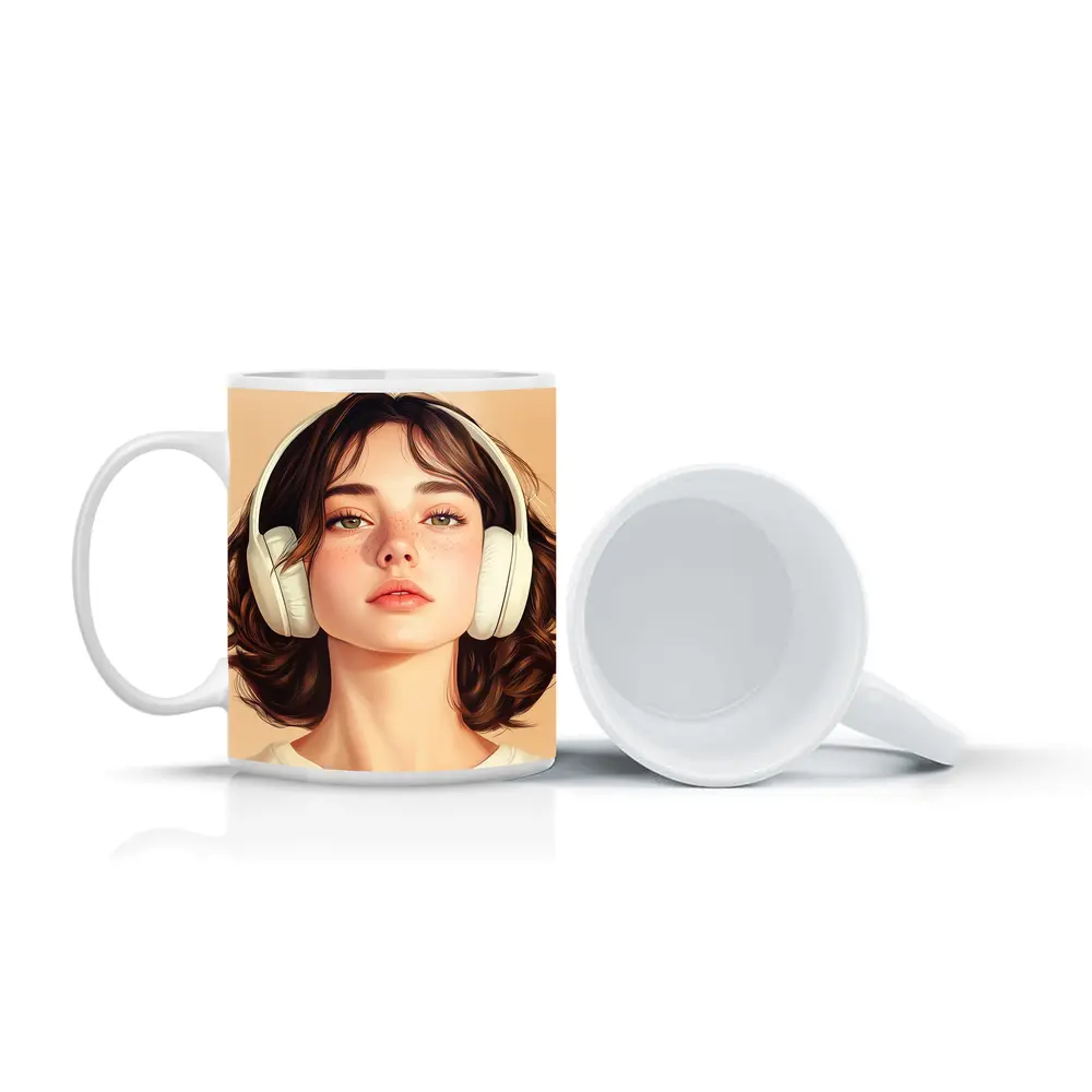 Young Woman Headphones Illustration Beige Background – Mugs